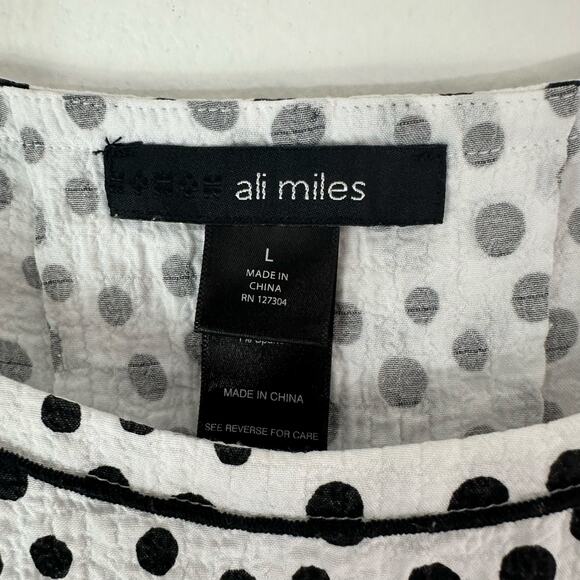 Ali Miles Top Womens L White Black Polka Dots Rose Buttons‎ Pullover 3/4 Sleeve - Picture 2 of 7